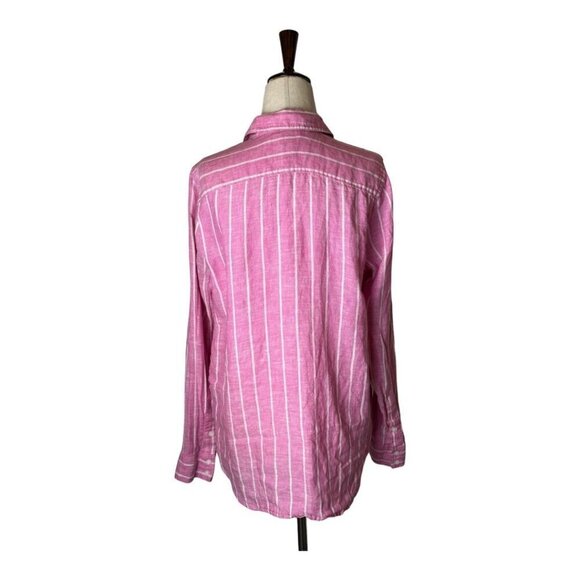 NYDJ Shirt Women Small Pink‎ And White Striped Collared Linen Pullover - Picture 3 of 11